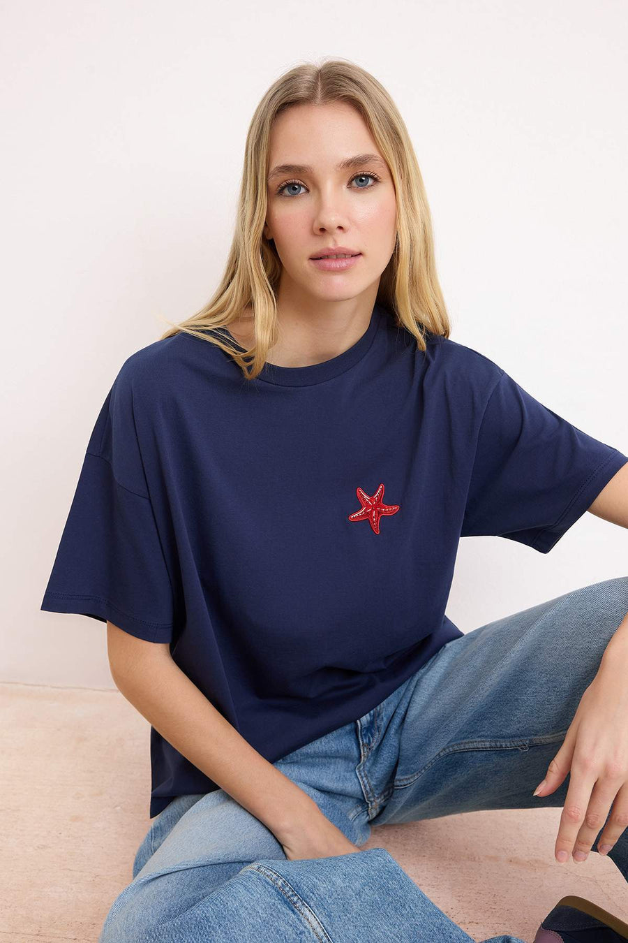 Navy 100% Cotton Embroidered Oversized/Relaxed Fit Crew Neck Knit T-Shirt