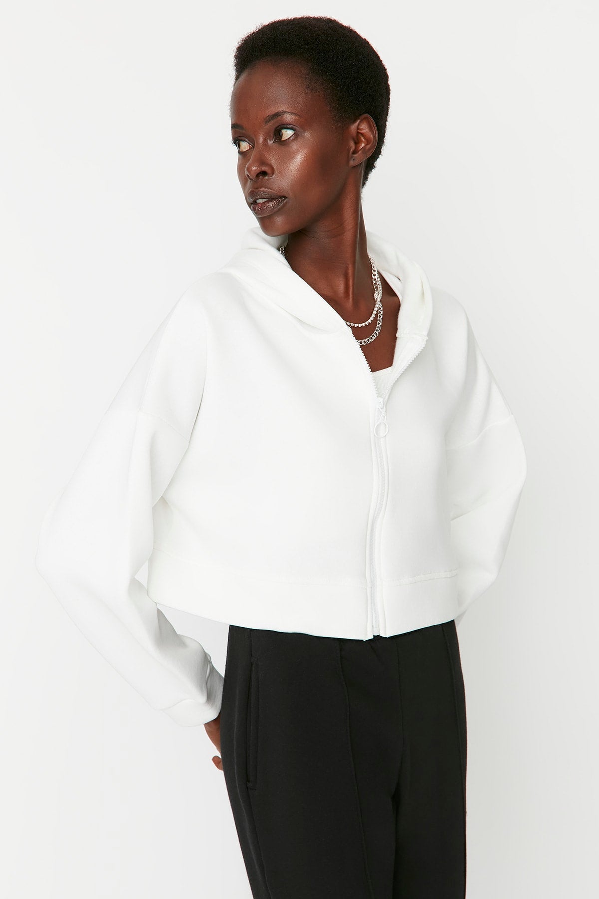 Ecru Basic Zipped Hooded Cropped Thick Fleece-Lined Knit Cardigan/Sweatshirt