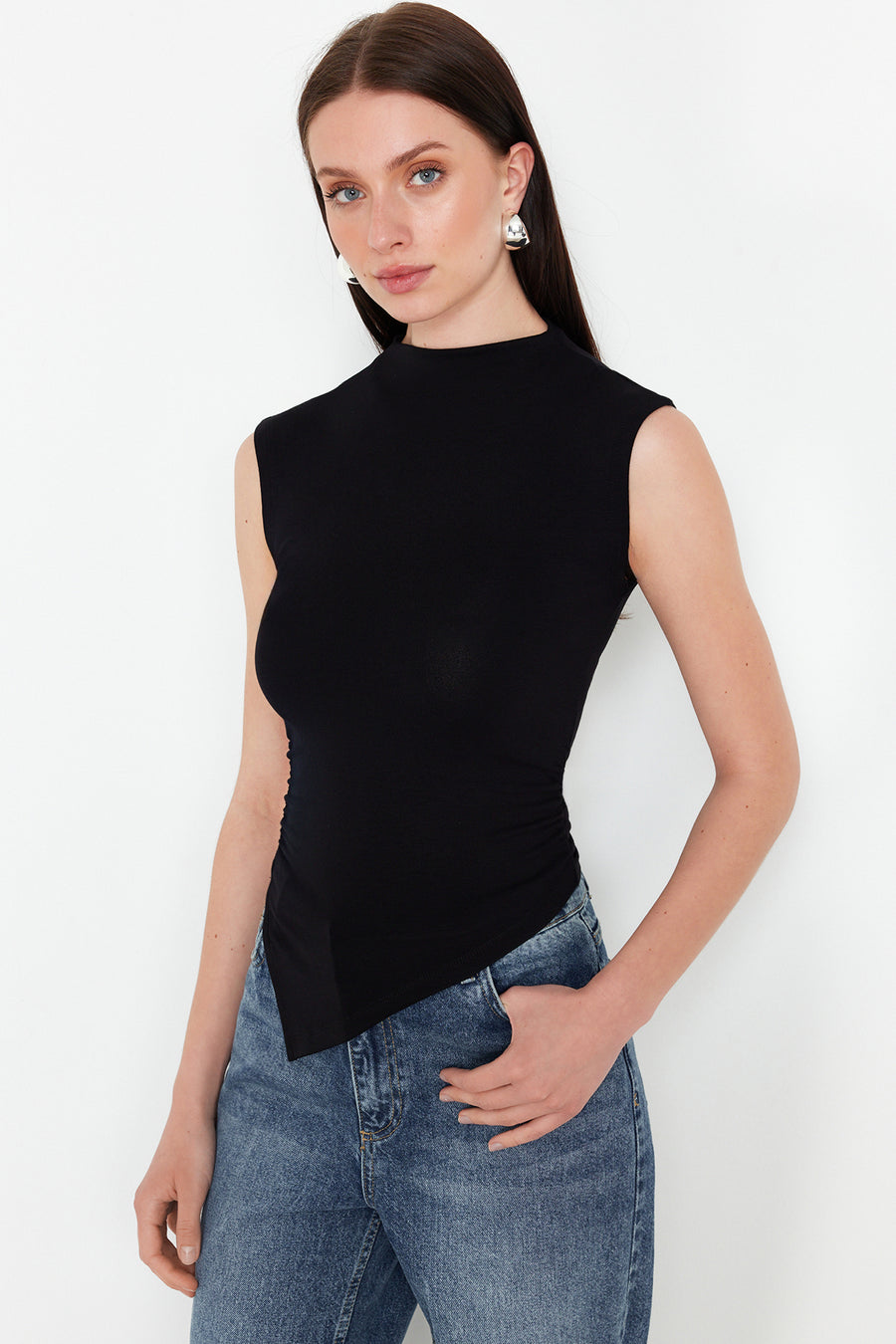 Black High Neck Gathered Drape Detail Fitted Asymmetric Knit Blouse