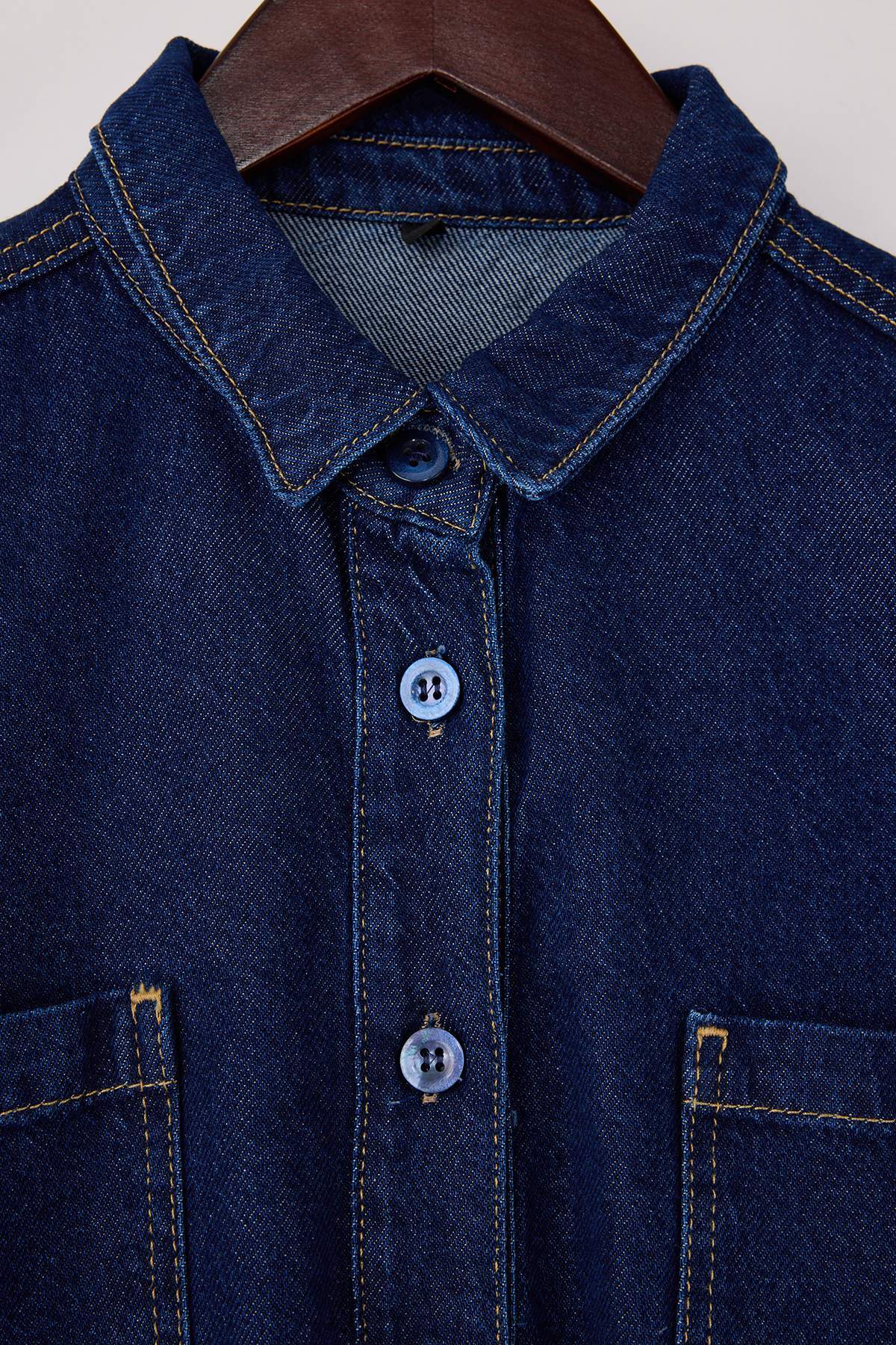 Dark Blue Tie Waist Tencel Blend Denim Shirt