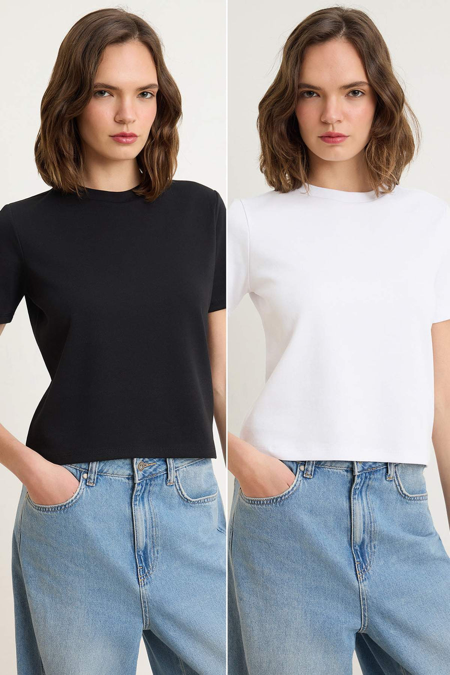 Black-White Thick Cotton Structured Fabric Regular Fit Knit T-Shirt Knit T-Shirt