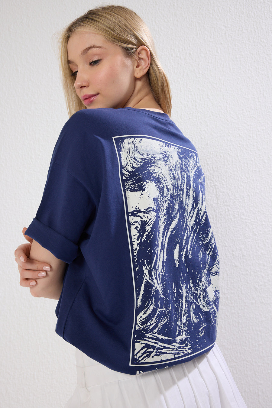 Navy 100% Cotton Back and Front Print Oversized/Relaxed Fit Knit T-Shirt