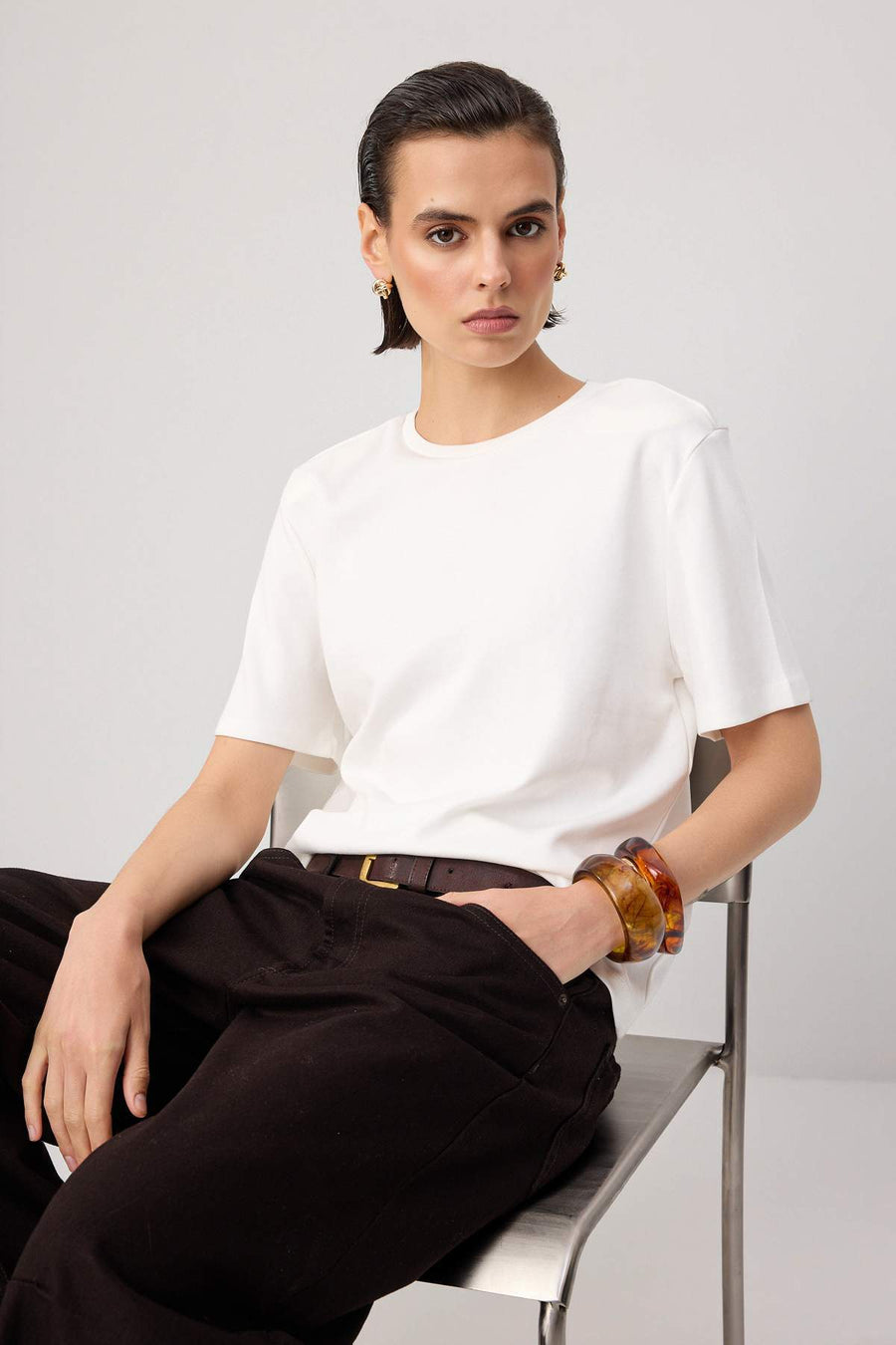 Wardrobe Essentials - Ecru regular fit padded shoulder knit t-shirt