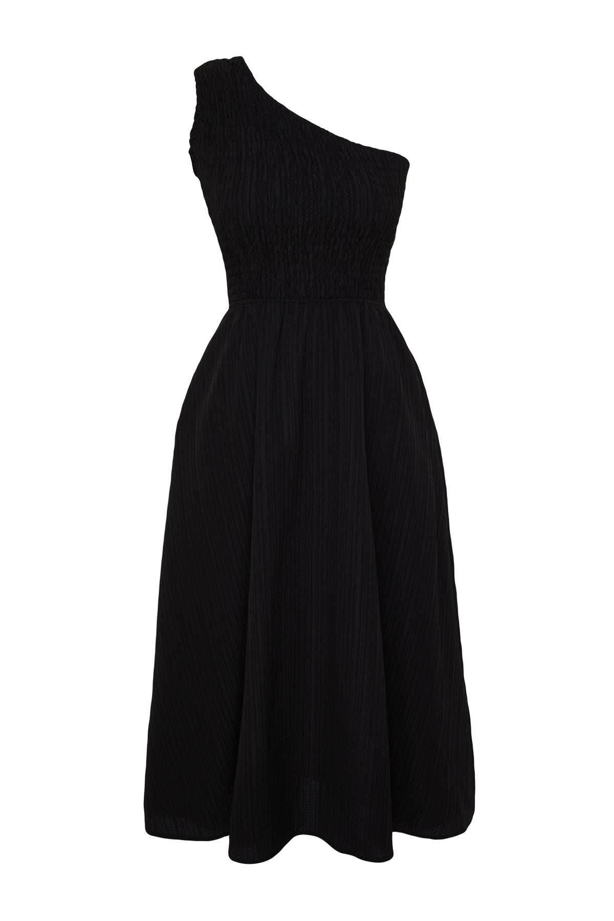 فستان منسوج ميدي أسود بصدر مدعّم بالبالين وكتف واحد وواسع من الخصر