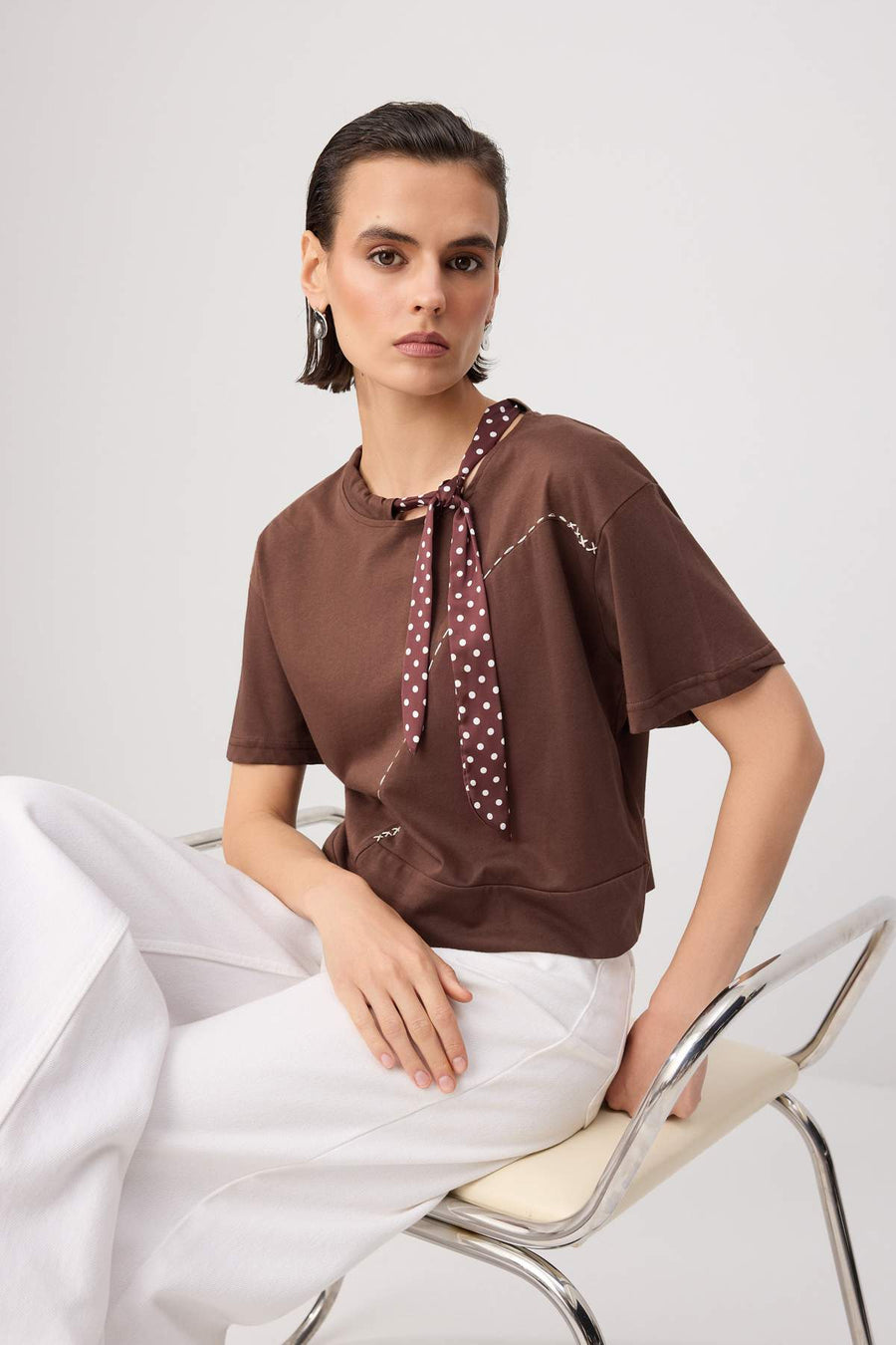 Brown Thick Cotton Cherry Print Neck Tie Detail Knit T-Shirt
