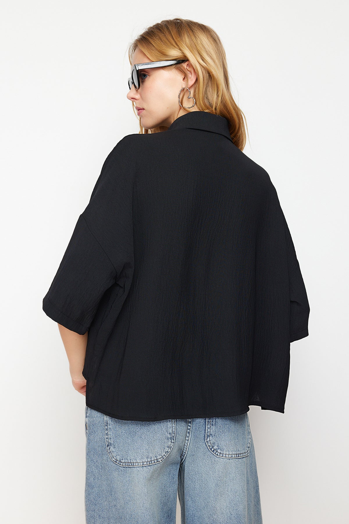Black oversized relaxed fit cut-in sleeve woven shirt