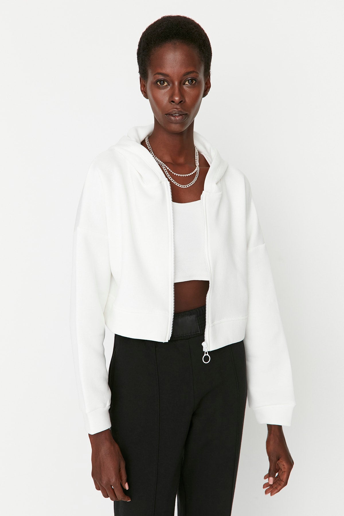 Ecru Basic Zipped Hooded Cropped Thick Fleece-Lined Knit Cardigan/Sweatshirt