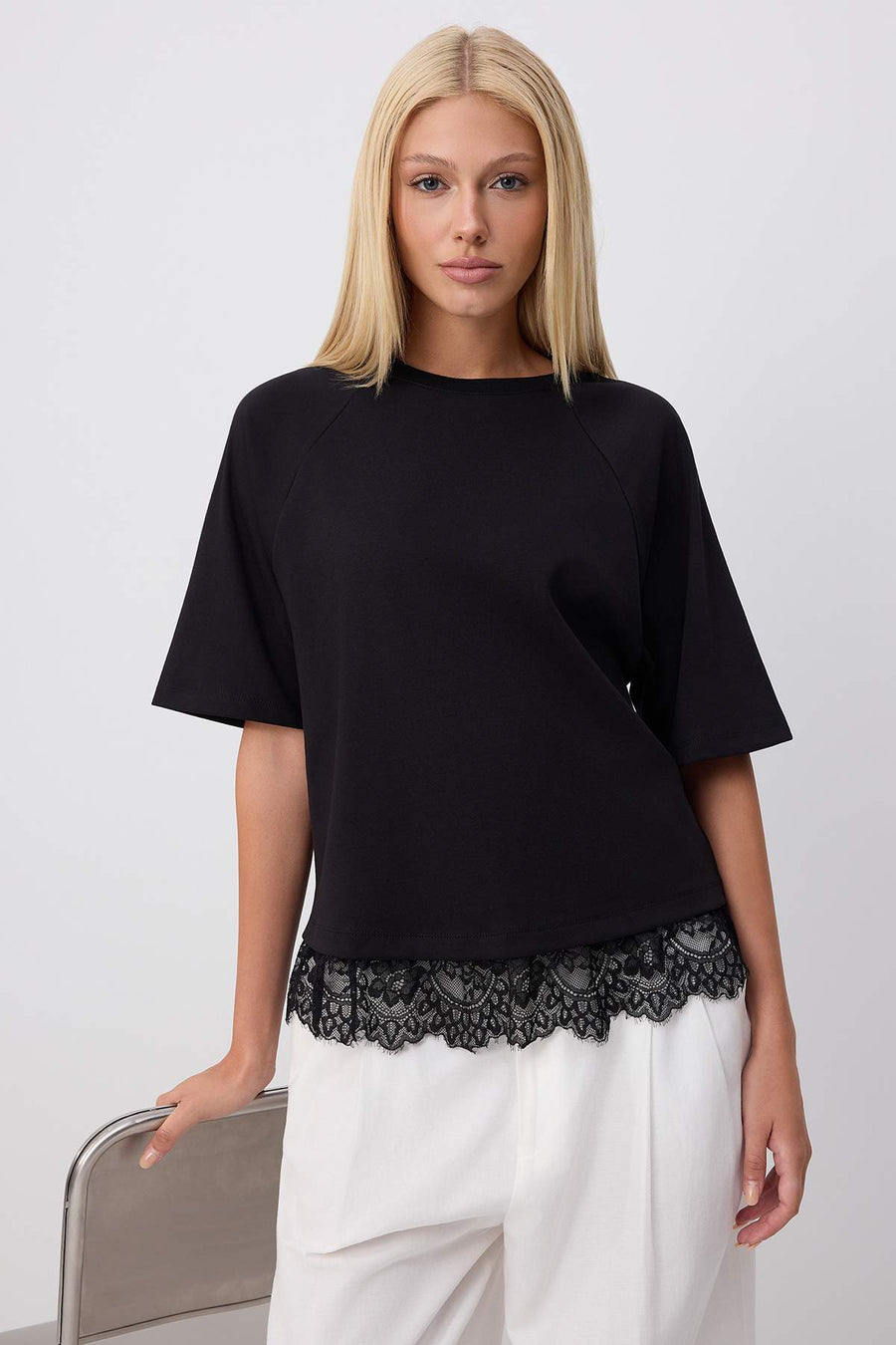 Black Plain Regular Crew Neck Raglan Sleeve Lace Detail Interlock Knit T-Shirt