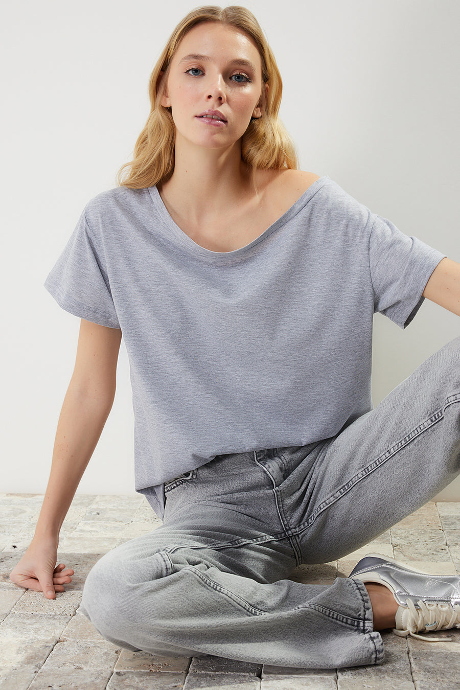 Heather Grey Oversized/Relaxed Fit Boat Neck Knit T-Shirt