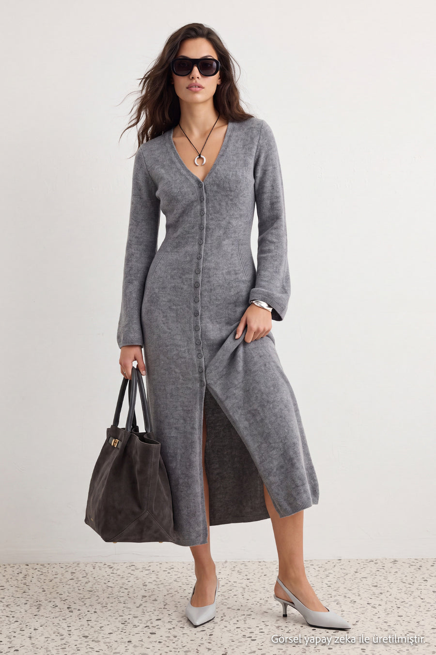 Grey Soft Textured V-Neck Cardigan/Dress Dual Use Knit Cardigan