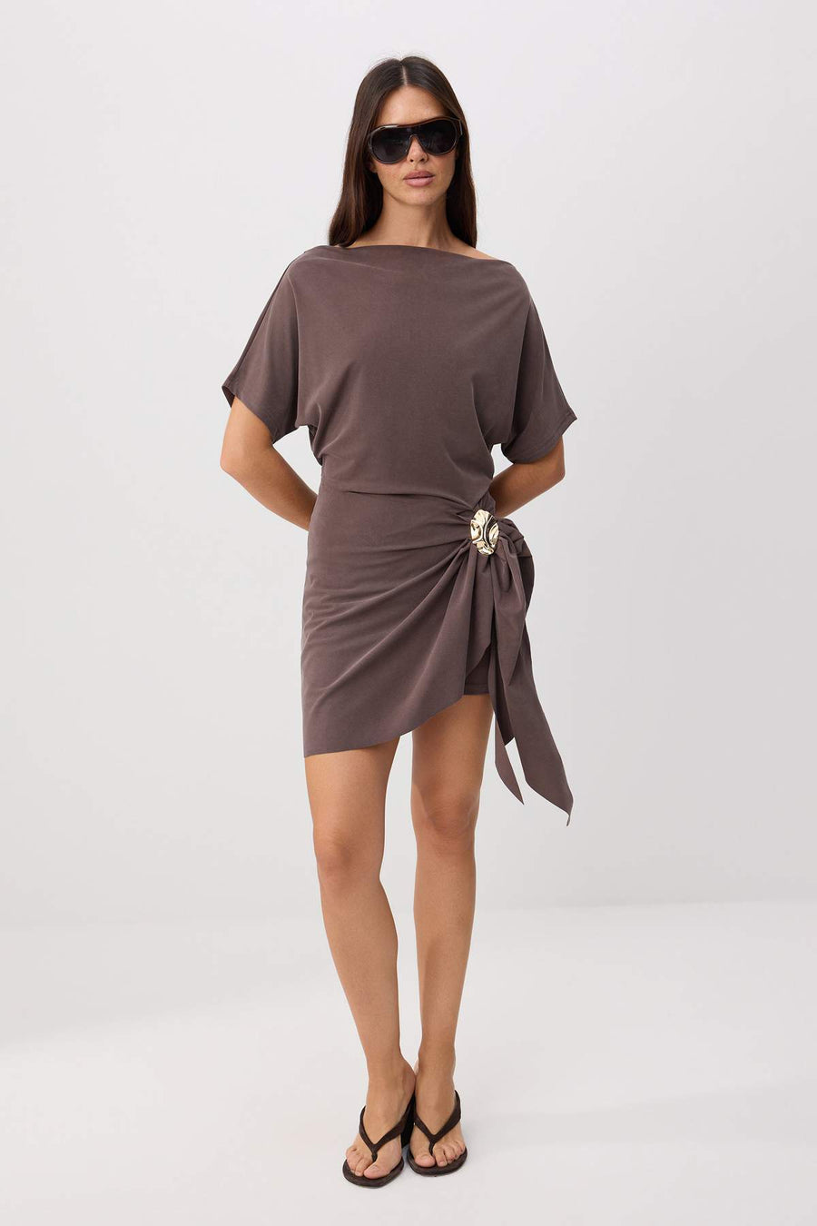 Light Brown Premium Lyocell Bell-Shaped Accessory Detailed Mini Knit Dress