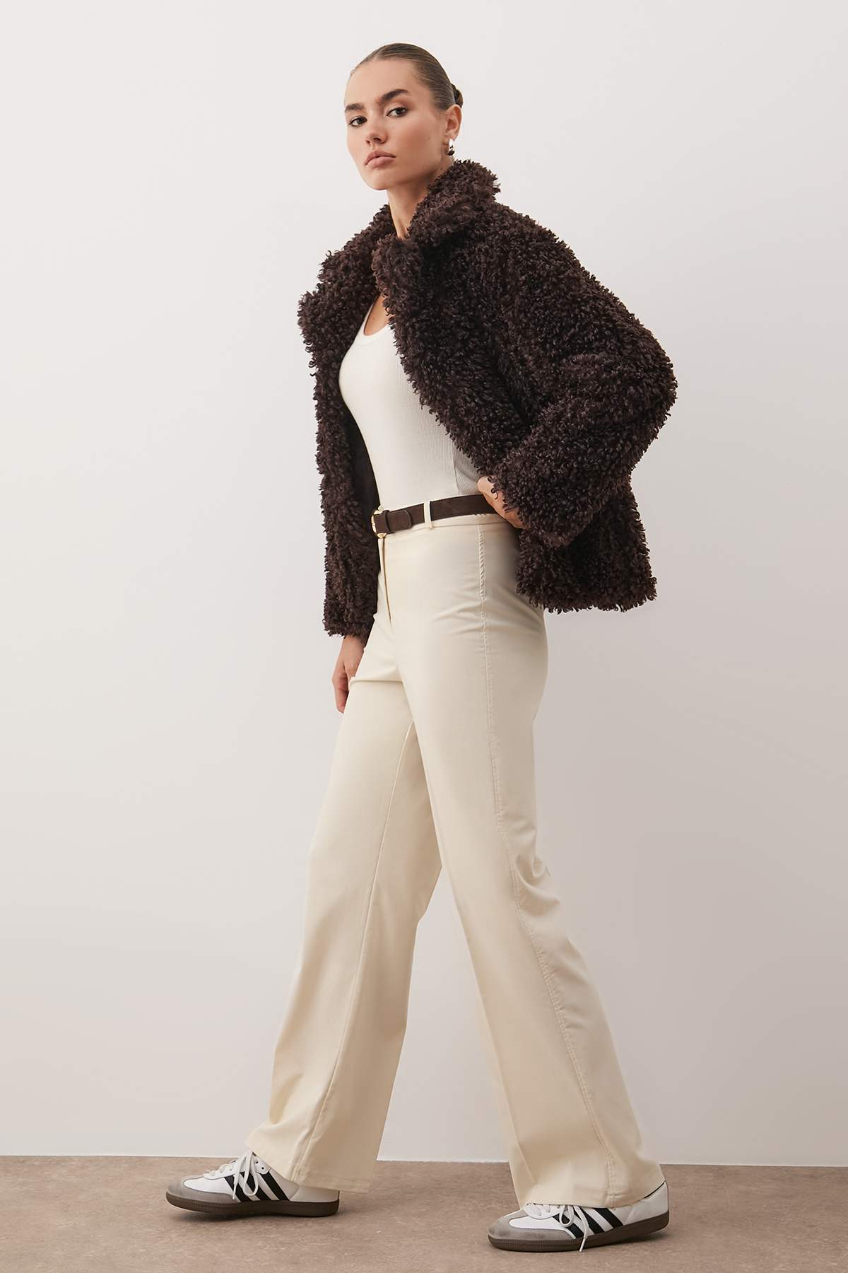 Beige Wide Leg High Waist Woven Fabric Trousers