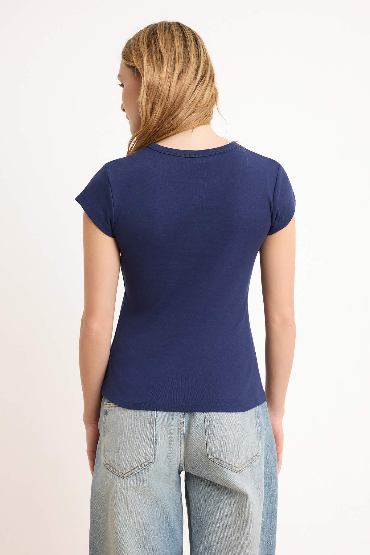 Navy Buttoned Fitted Knit Blouse