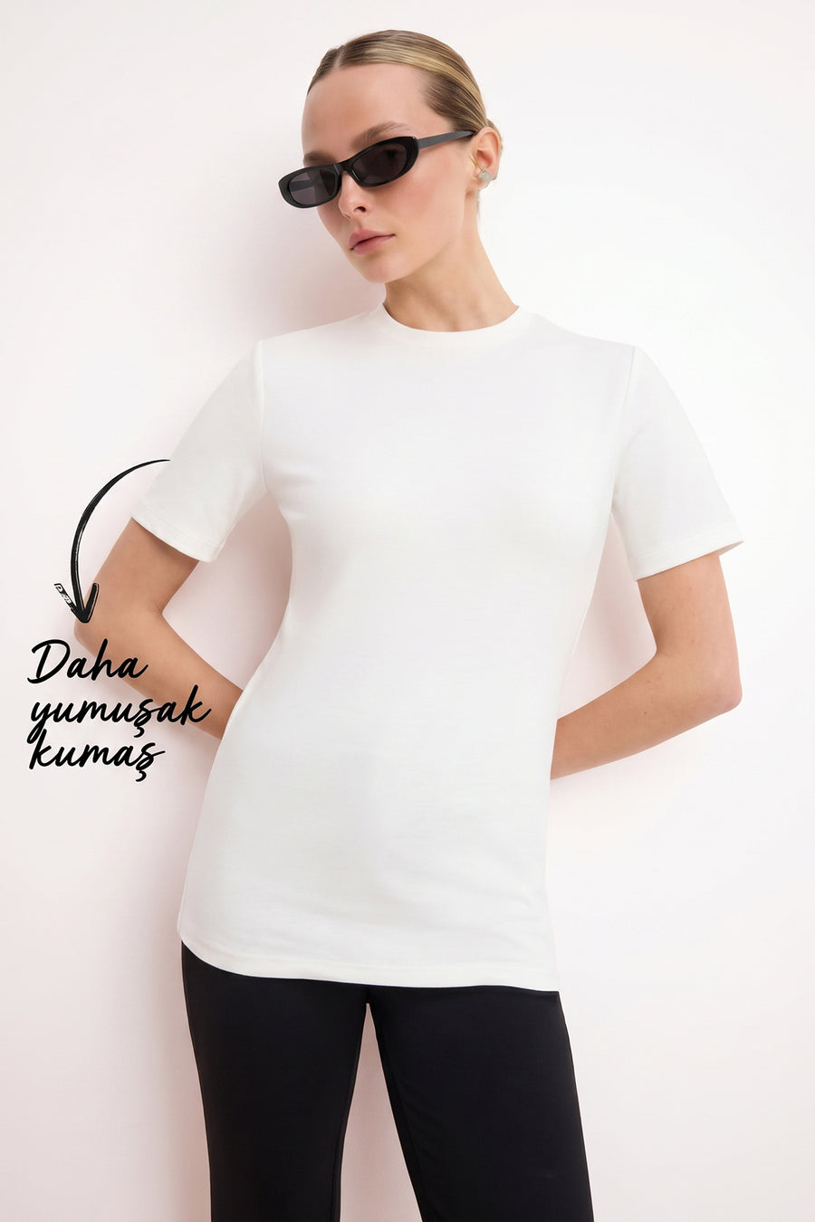 Ecru Fitted Short Sleeve Cotton Rib Knit T-Shirt