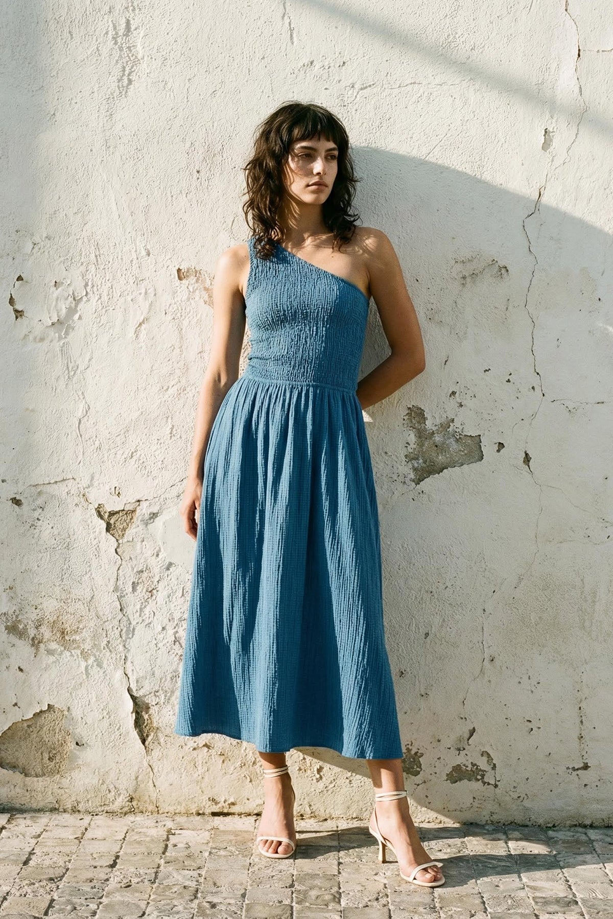 Sax Blue Boned Bodice One Shoulder Waist-Flared Midi Woven Dress