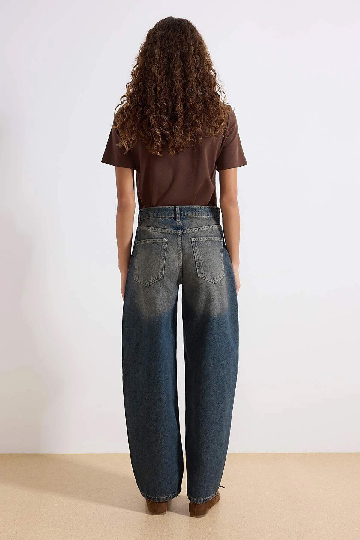 More Sustainable Dark Blue Normal Waist Loose Baggy 100% Cotton Non-Stretch Jeans