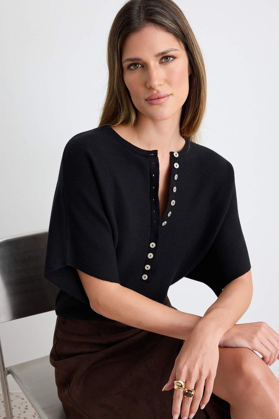 Black Oversized Blouson Batwing Sleeve Knit Blouse