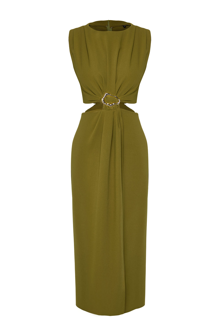 Olive Green A-Line Waist Cutout and Accessory Detail Maxi Woven Crepe Dress