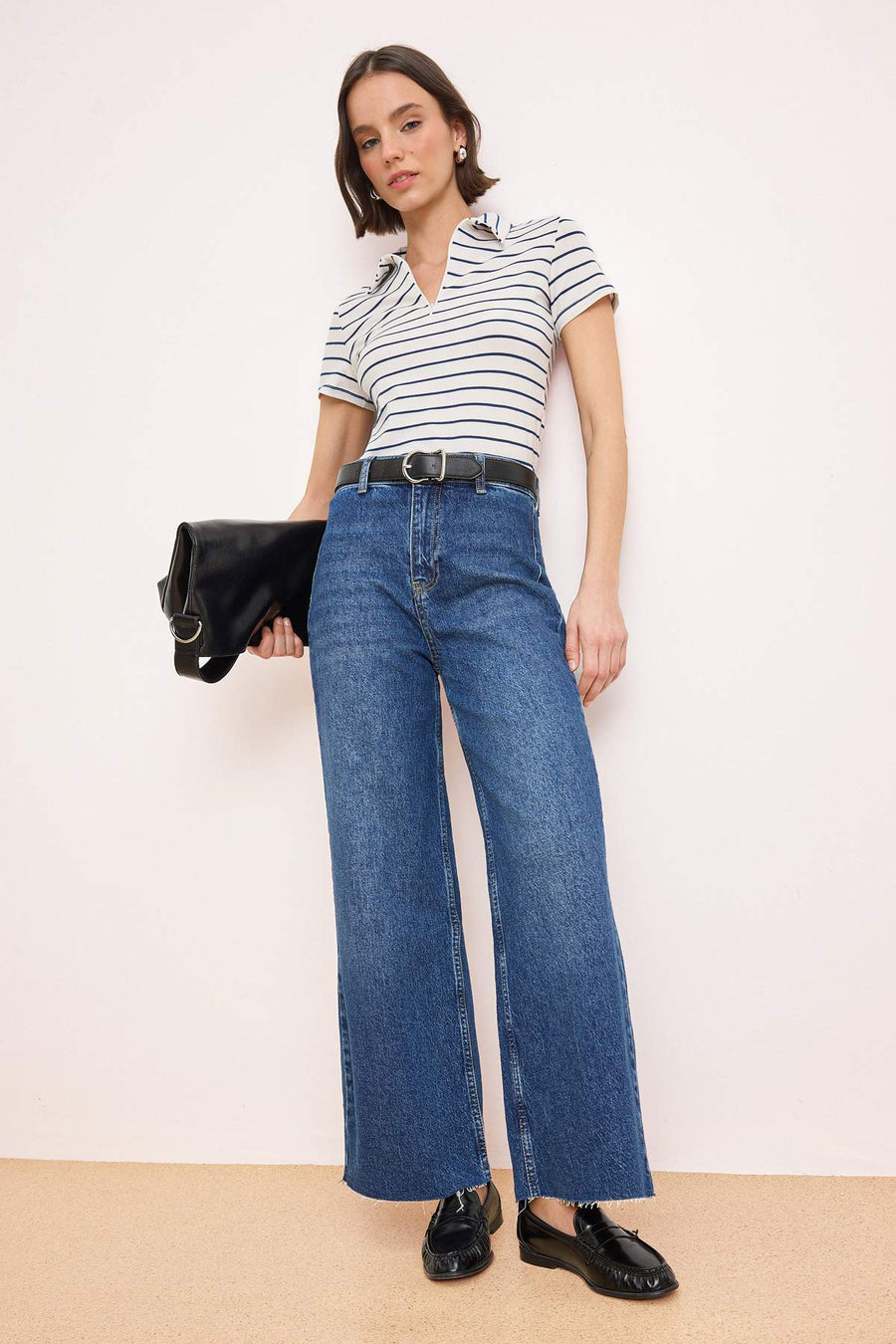 Dark Blue High Waist Slightly Stretch Culotte Ankle Length Jeans