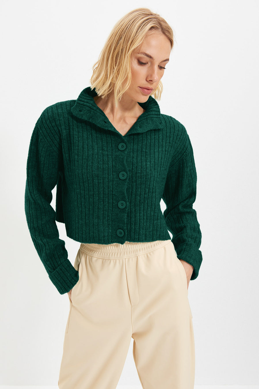 Emerald Green Cropped Soft Textured Stand Collar Knit Cardigan