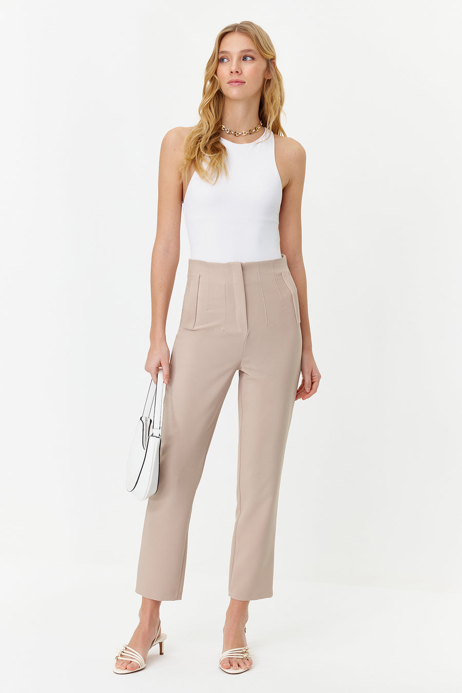 Mink Cigarette Fit Darted High Waist Ankle Length Woven Fabric Trousers
