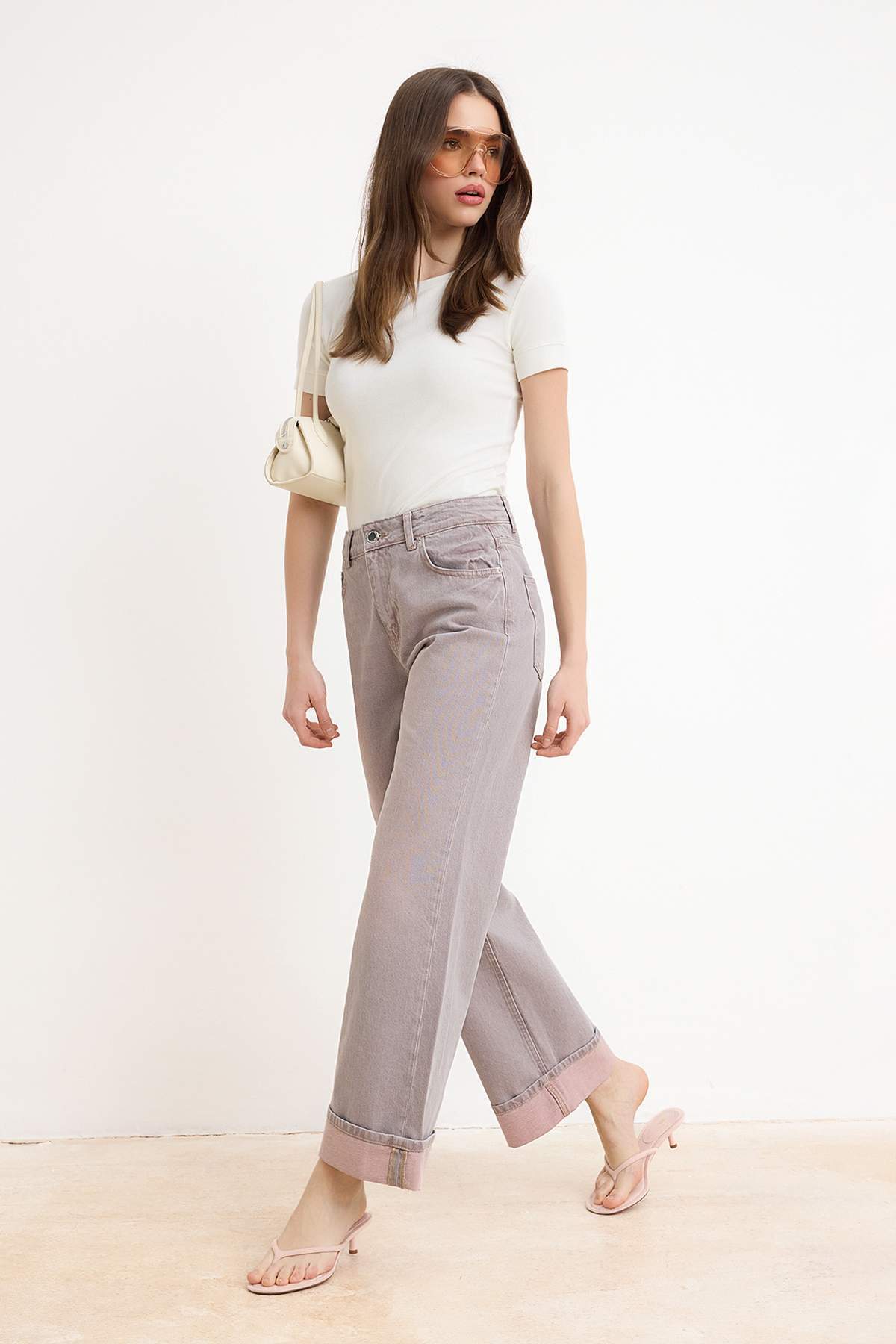 Pink Cuffed Leg Vintage Washed High Waist Wide Leg Jeans