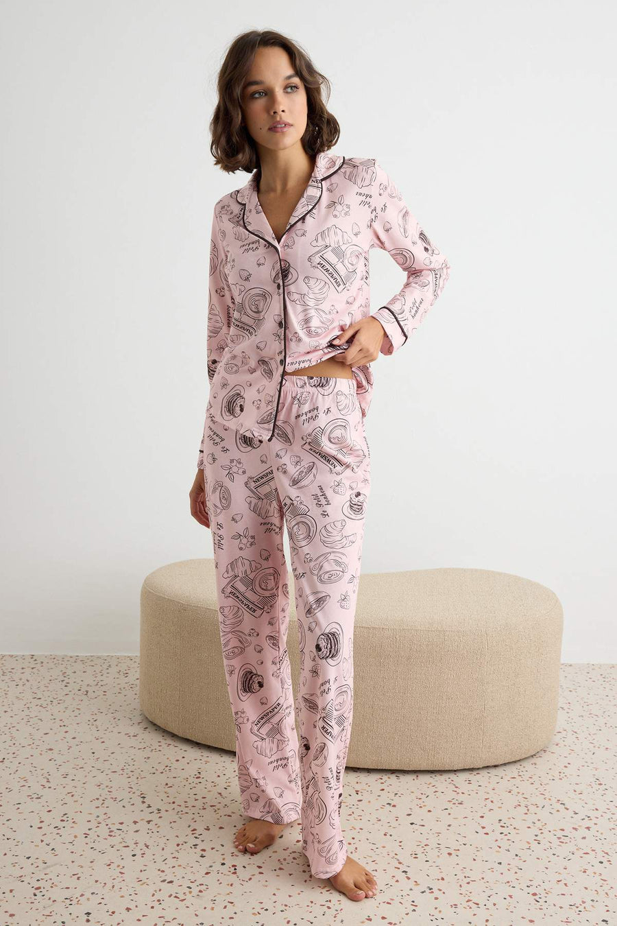 Pink 100% Cotton Fun Print Piped Knit Pyjama Set