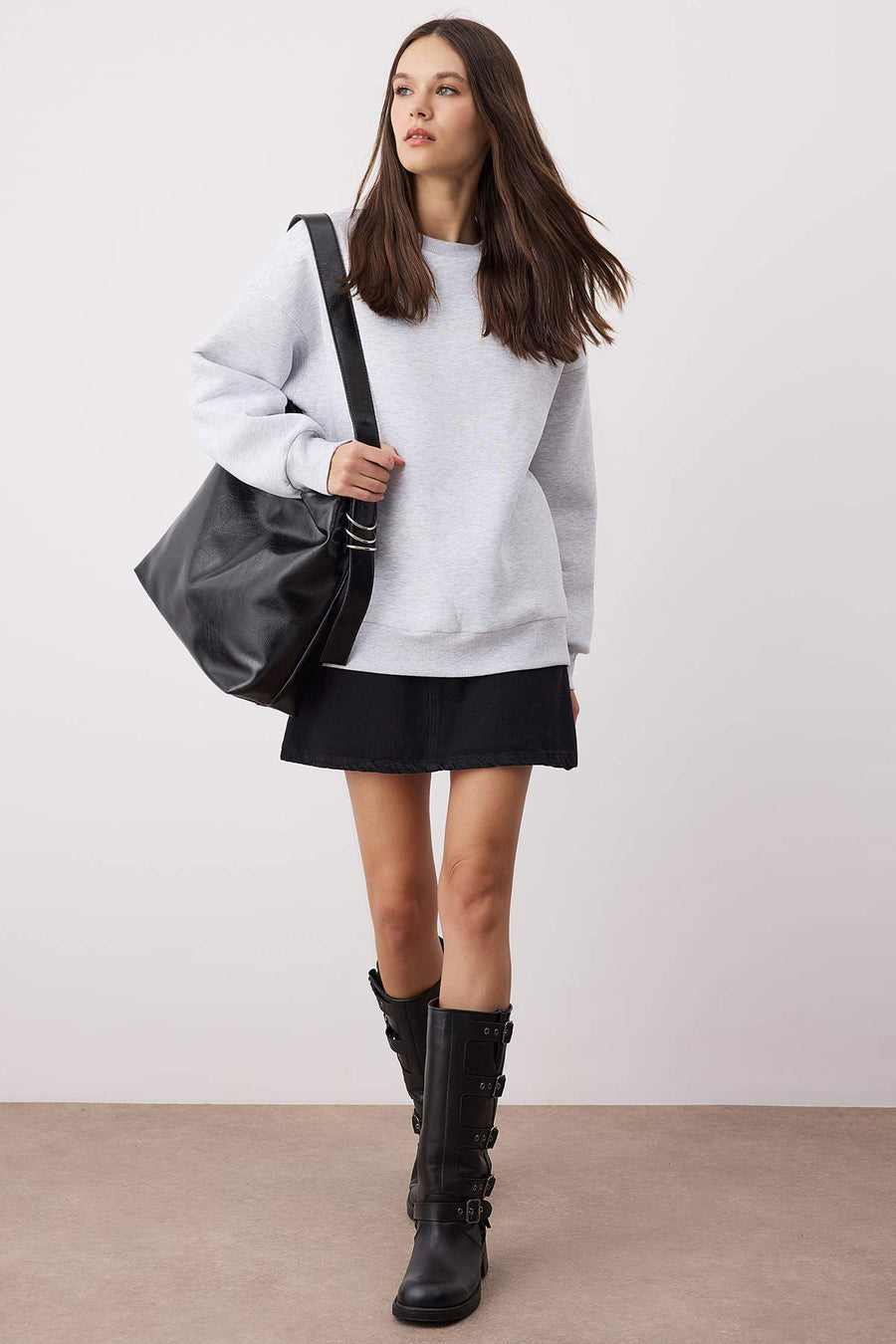 Snow heather oversized relaxed fit basic crew neck thick fleece lined knit sweatshirt