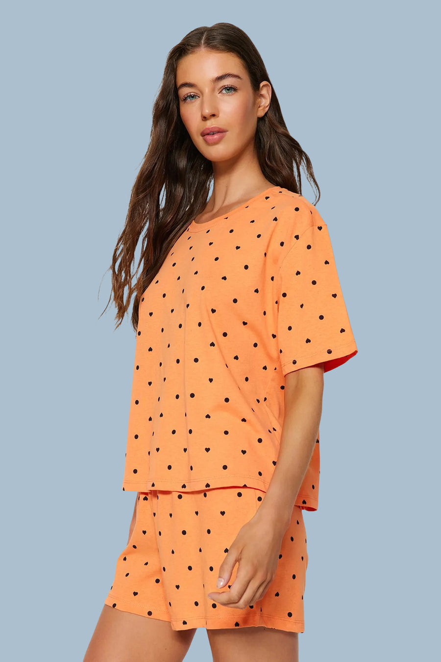 Orange-Multicolour 100% Cotton Polka Dot and Heart Print Shorts Knit Pyjama Set