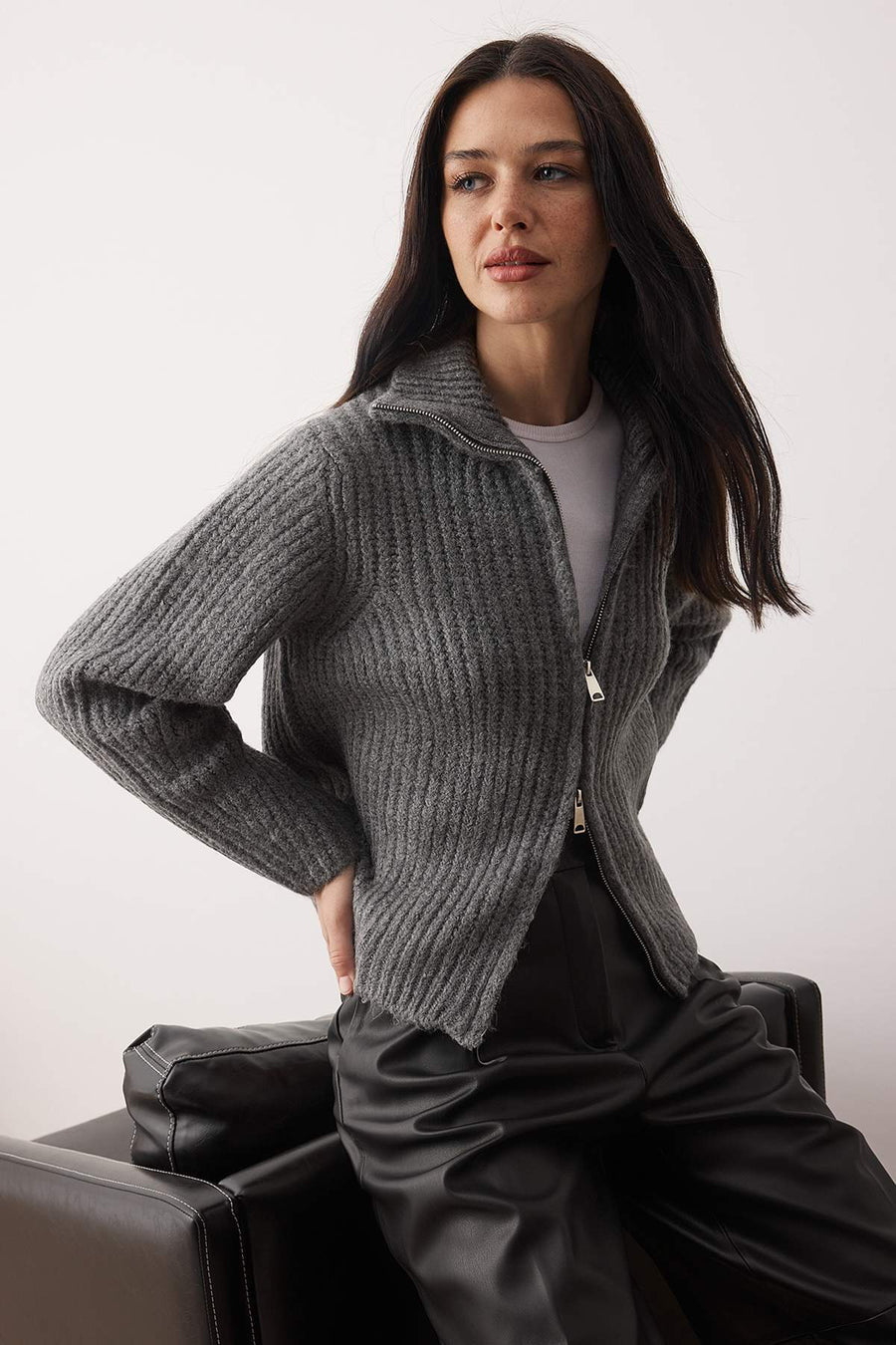 Wardrobe Essentials Charcoal Zipped Soft Textured Relaxed Fit Knit Cardigan