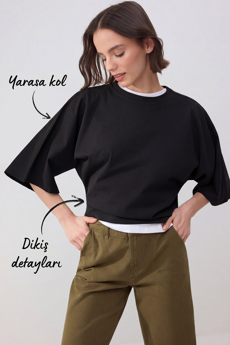 Wardrobe Essentials - Black relaxed fit batwing sleeve 100% cotton knit t-shirt