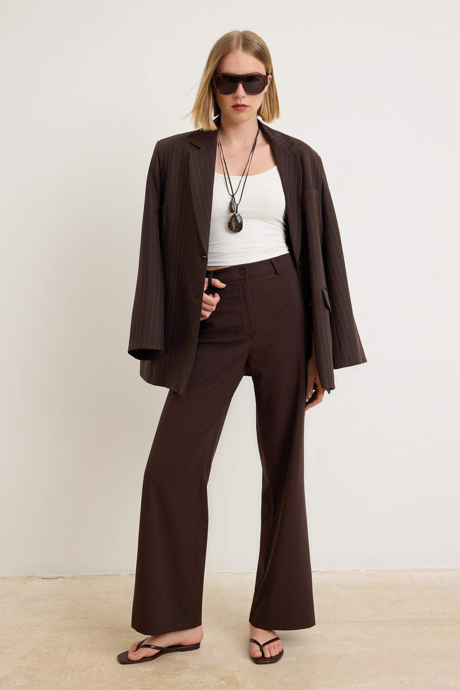 Dark Brown Wide Leg High Waist Woven Fabric Trousers