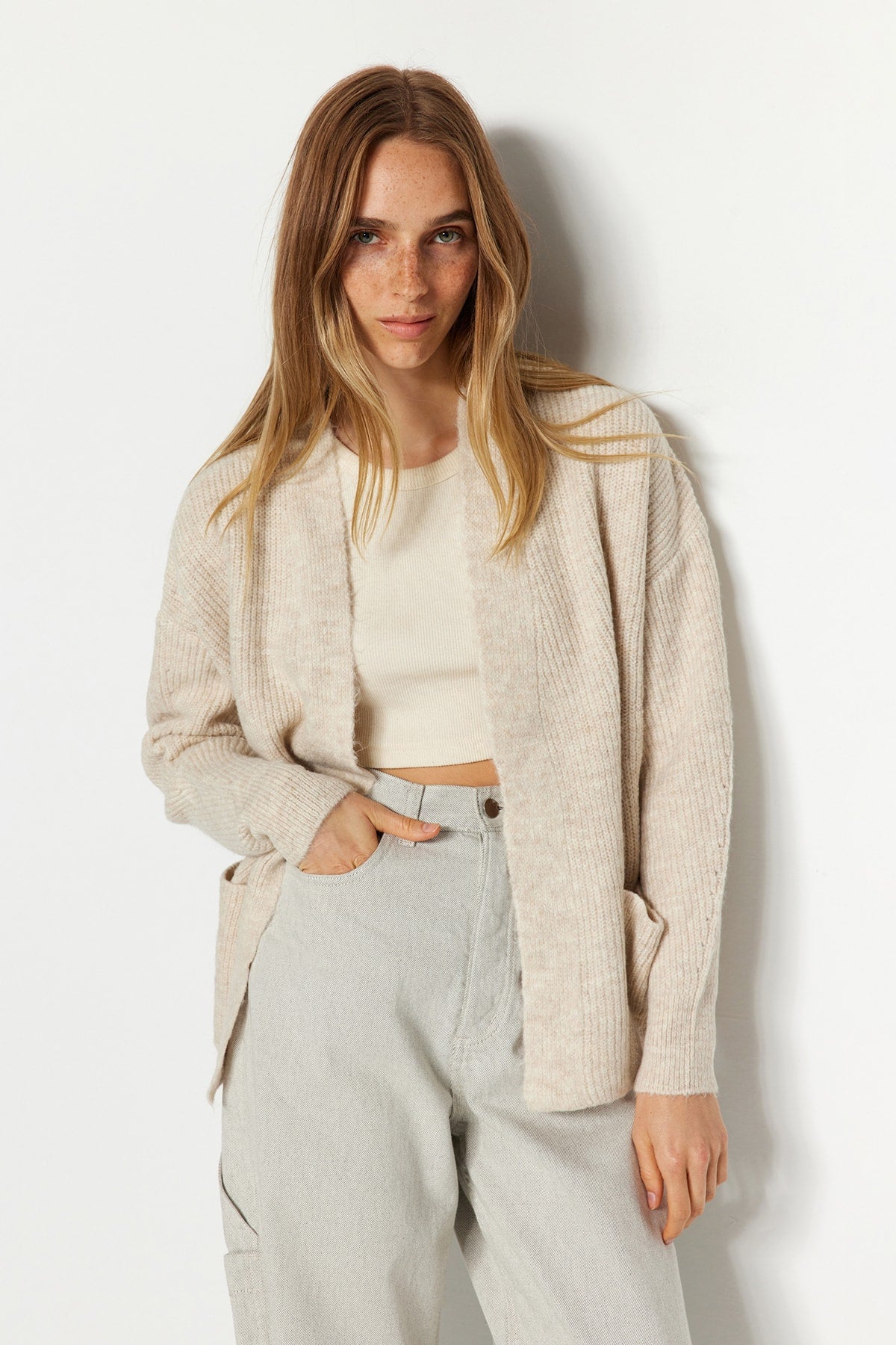 Stone Relaxed Fit Soft Textured Pocket Detail Knit Cardigan