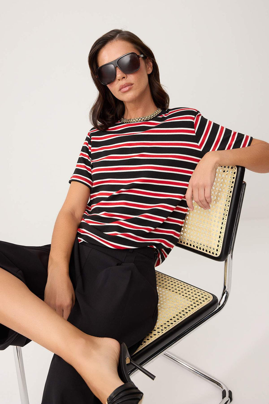 Red Striped Regular Fit Short Sleeve Structured 100% Cotton Shoulder Pad Knit T-Shirt