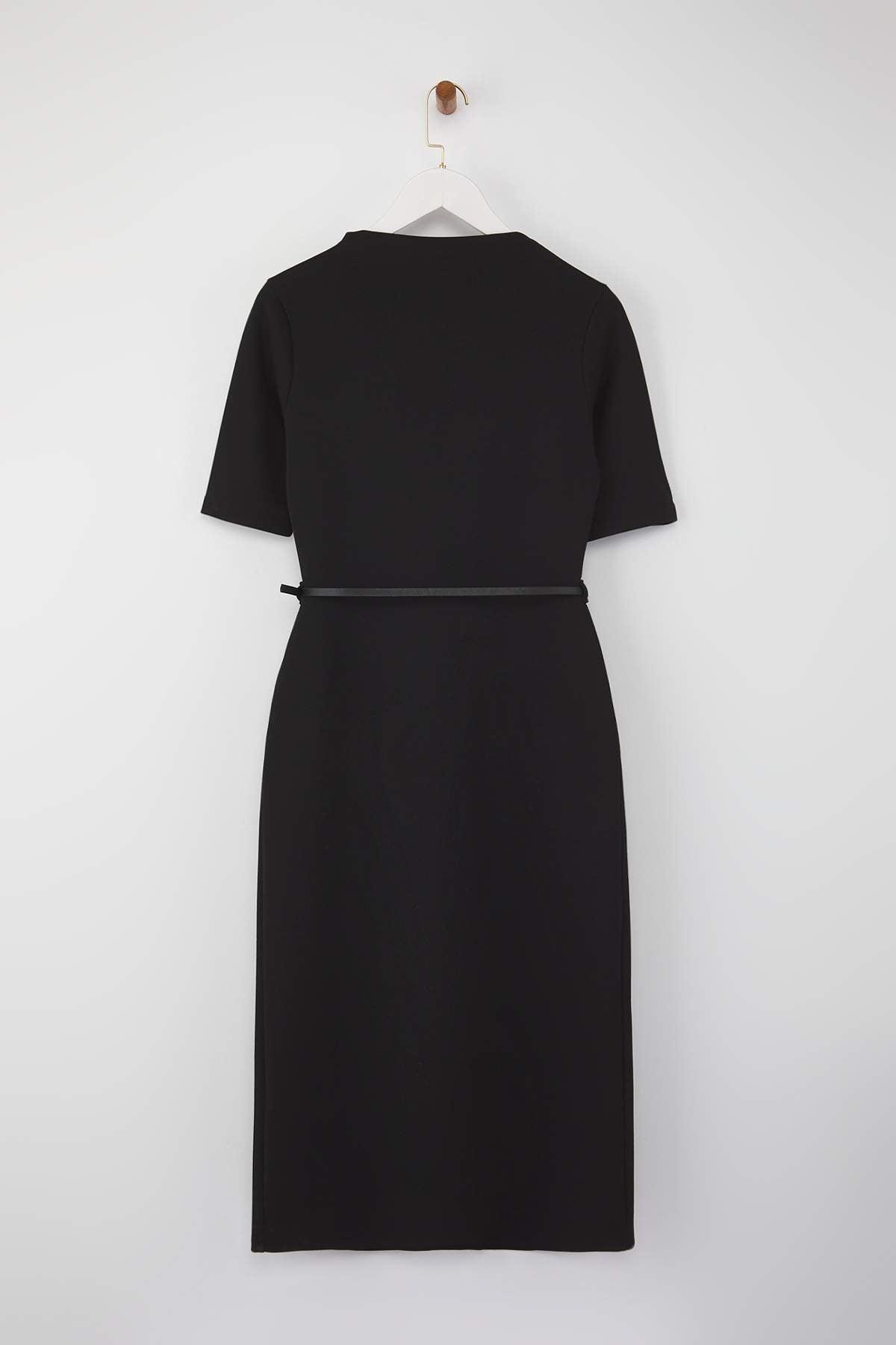Black Midi Belted Three-Quarter Sleeve Knit Dress