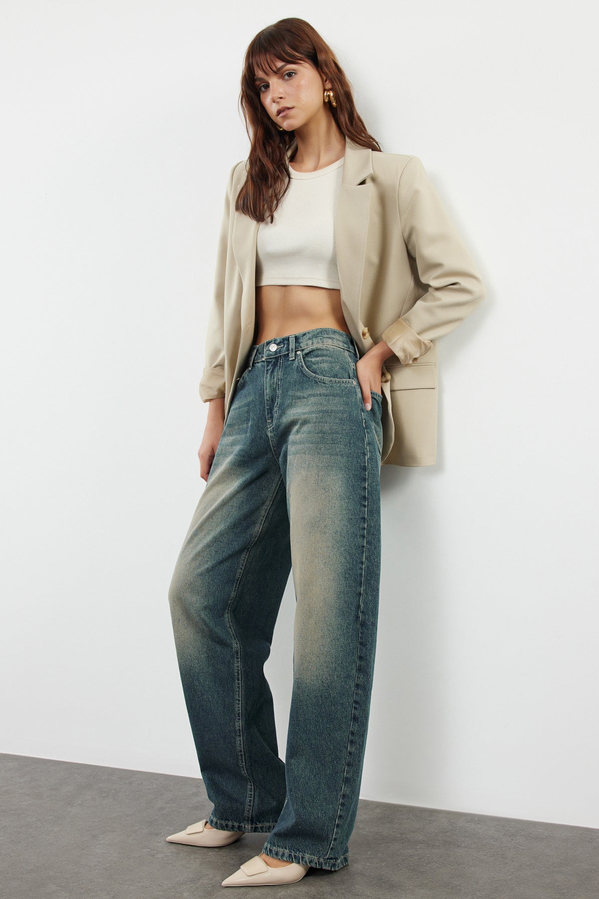 More Sustainable Dark Blue Normal Waist Loose Baggy 100% Cotton Non-Stretch Jeans