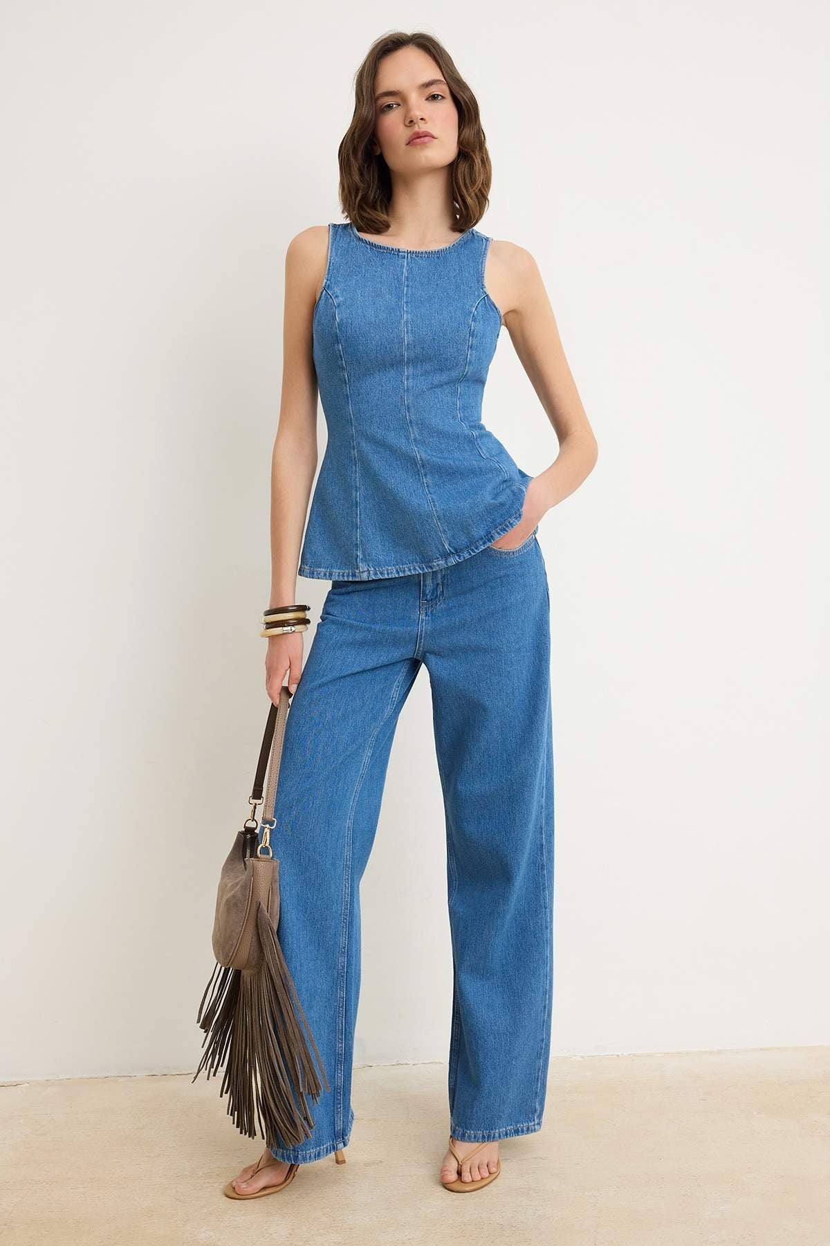 Blue Draped High Waist 100% Cotton Wide Leg Jeans