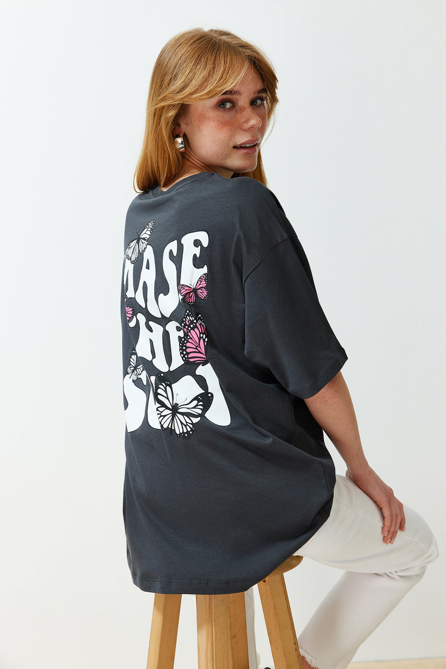 Charcoal Front and Back Print Oversized/Relaxed Fit Crew Neck Knit T-Shirt