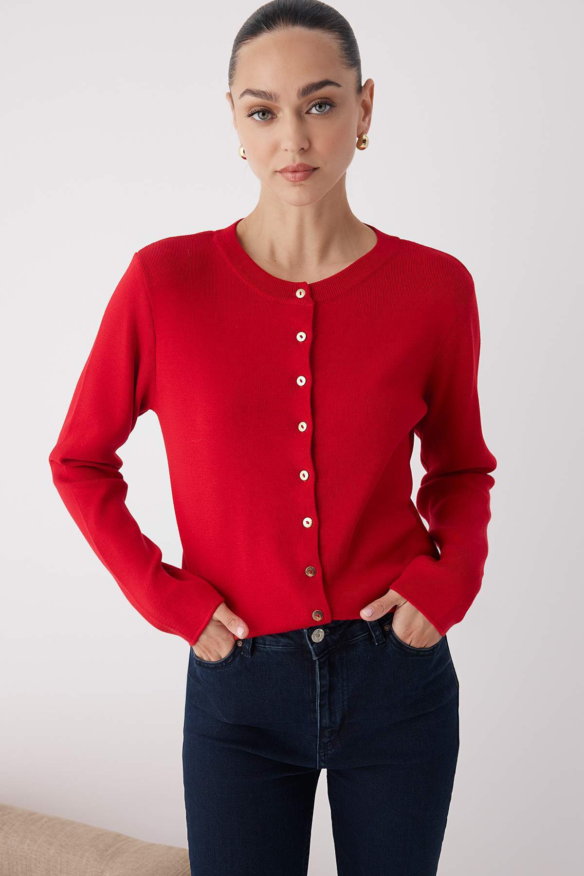 Wardrobe Essentials Red Buttoned Cotton Basic Knit Cardigan