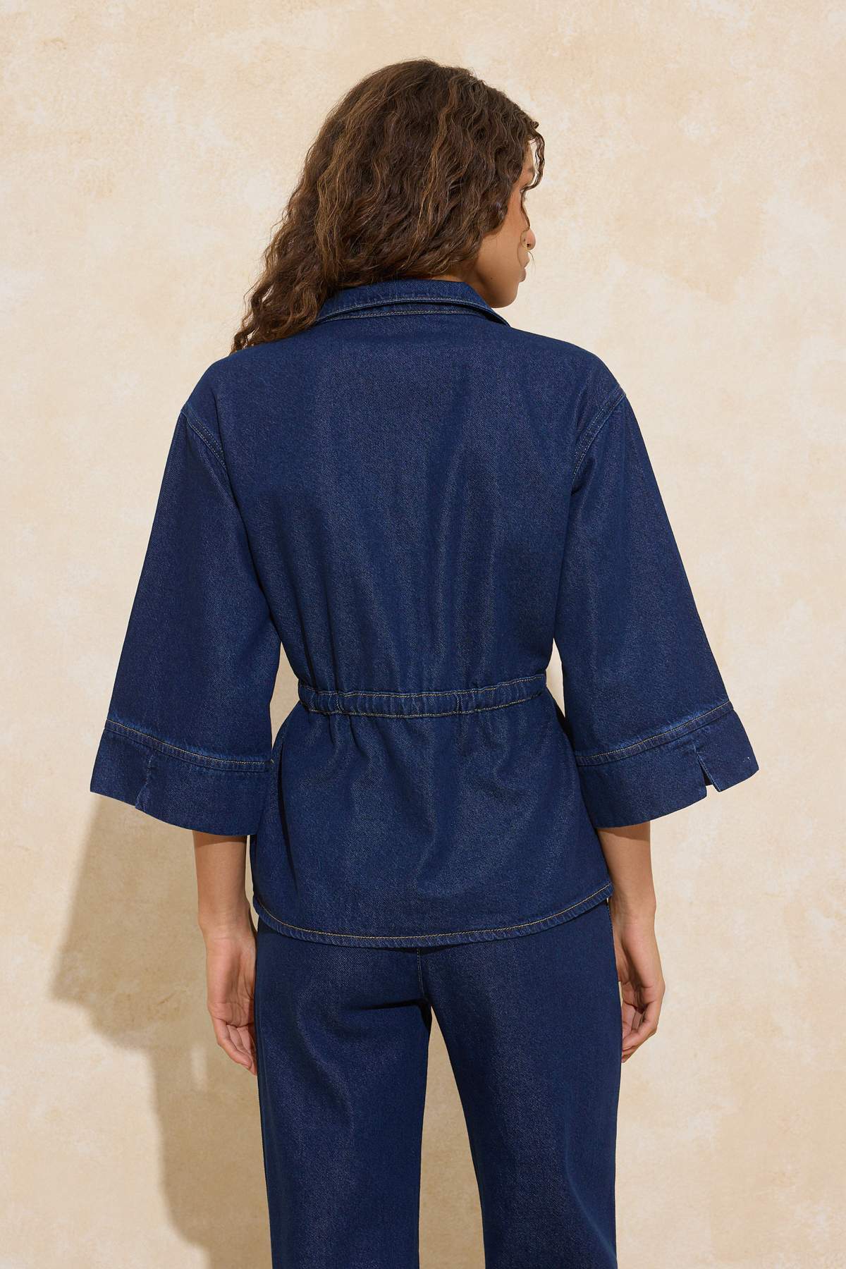 Dark Blue Tie Waist Tencel Blend Denim Shirt