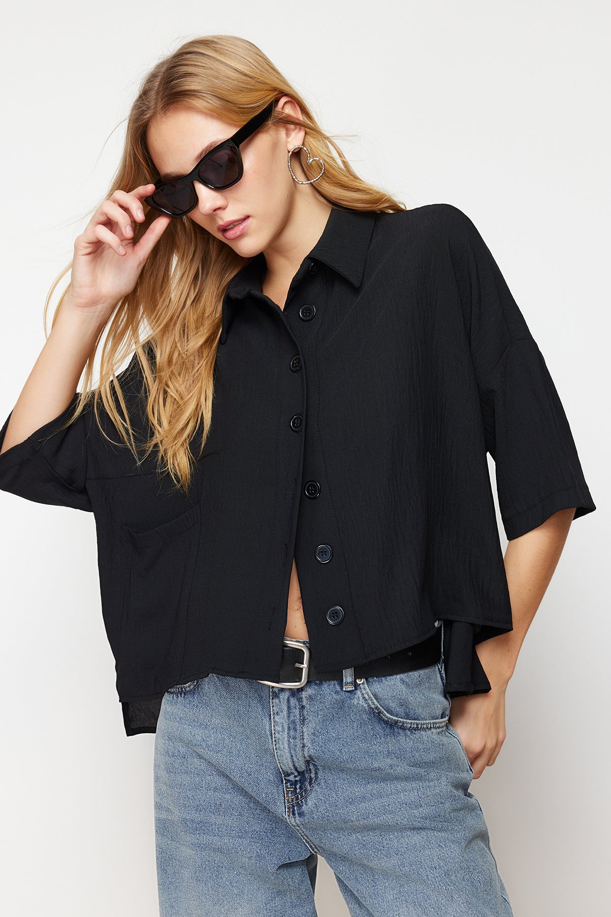 Black oversized relaxed fit cut-in sleeve woven shirt