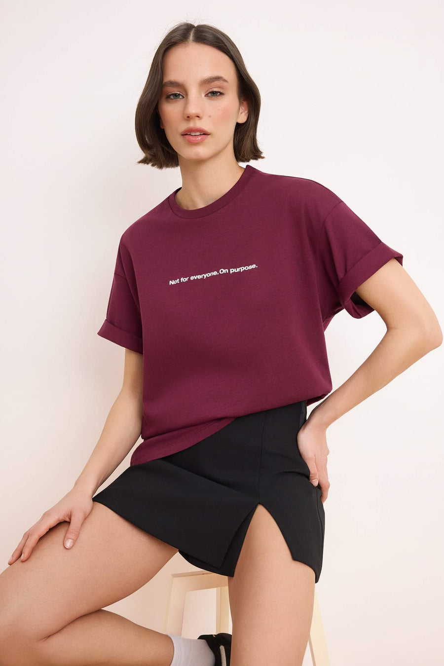 Plum Slogan Oversized/Relaxed Fit Drop Shoulder Short Sleeve 100% Cotton Knit T-Shirt