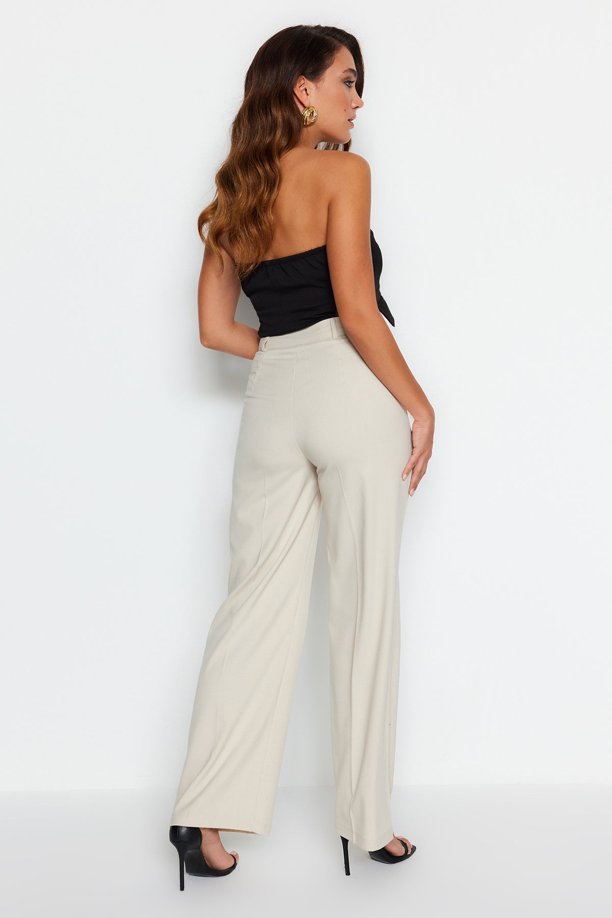 Beige Wide Leg High Waist Woven Fabric Trousers