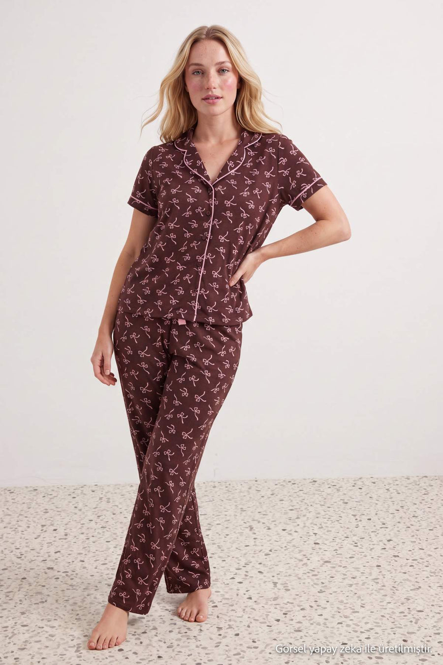 Brown 100% Cotton Ribbon Print Piped Knit Pyjama Set