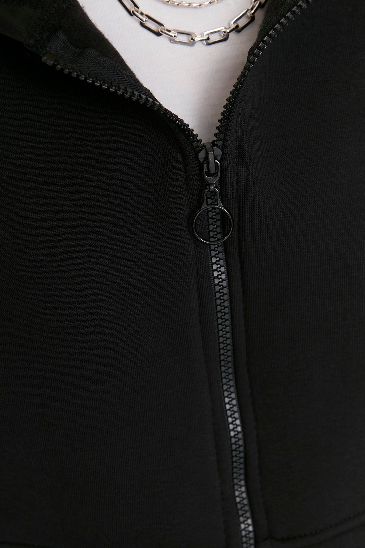 Black Basic Zipped Hooded Cropped Thick Fleece-Lined Knit Cardigan/Sweatshirt
