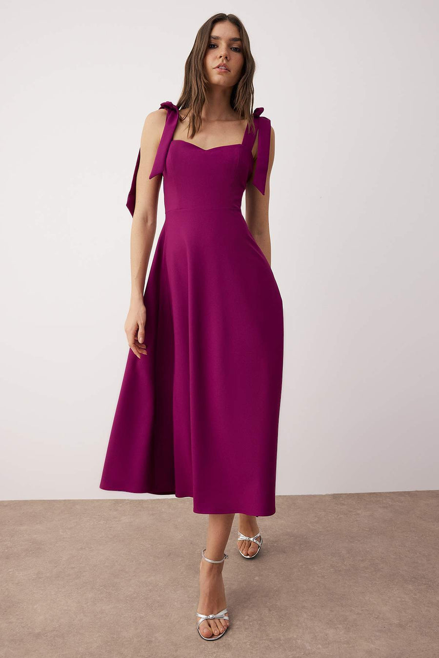 Plum A-Line Strap Tie Detail Woven Midi Chic Evening Graduation Dress