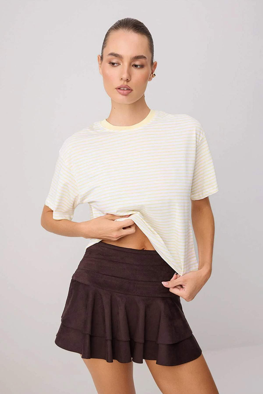 Light Yellow Striped Regular Crew Neck Drop Shoulder Short 100% Cotton Knit T-Shirt
