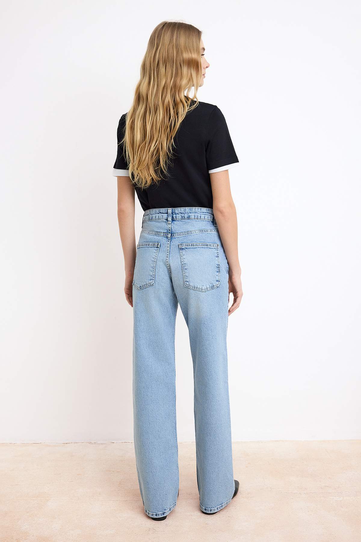 Blue High Waist 100% Cotton Wide Leg Jeans