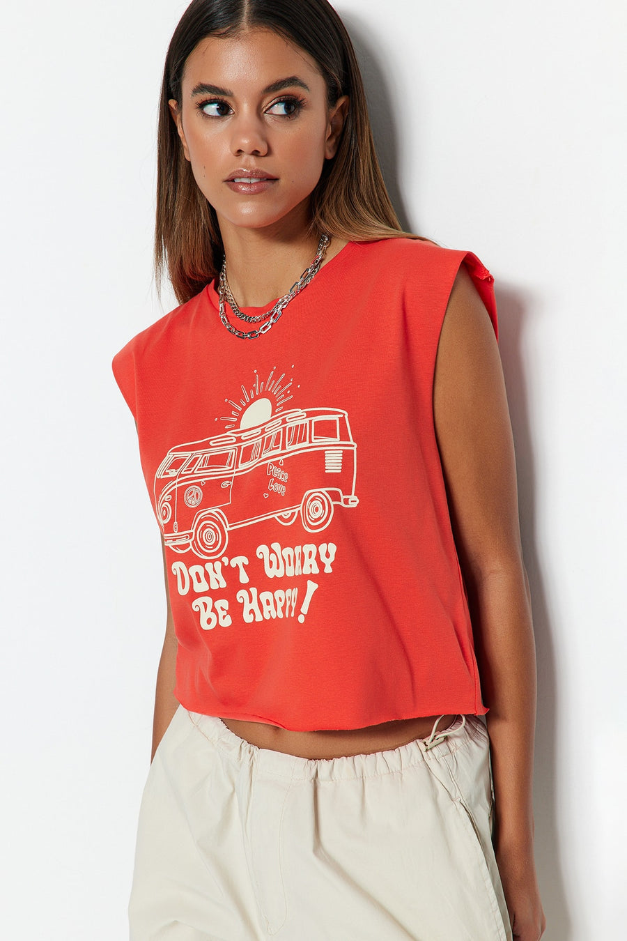Red 100% Cotton Printed Sleeveless Relaxed Fit Cropped Crew Neck Knit T-Shirt