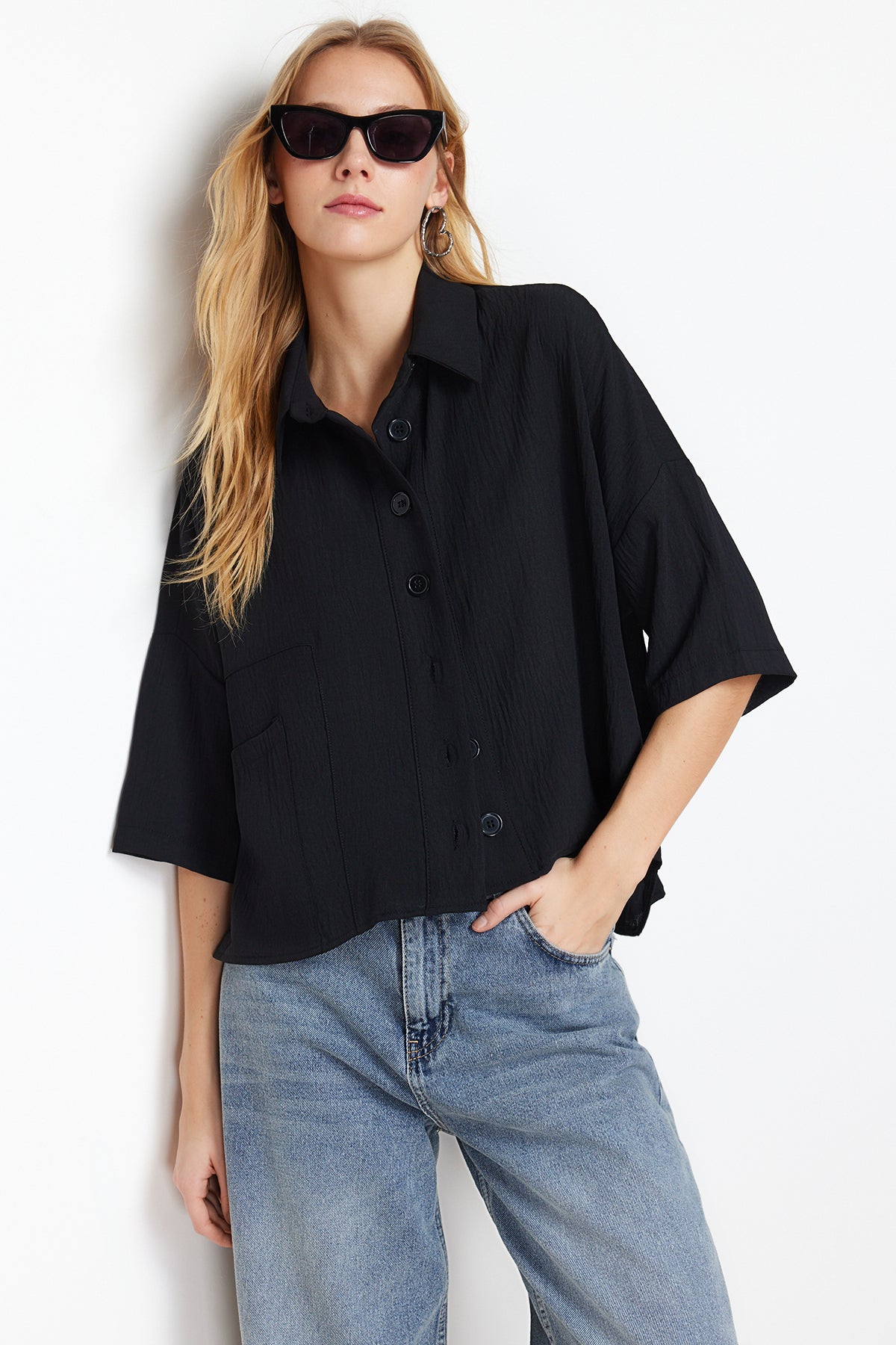 Black oversized relaxed fit cut-in sleeve woven shirt